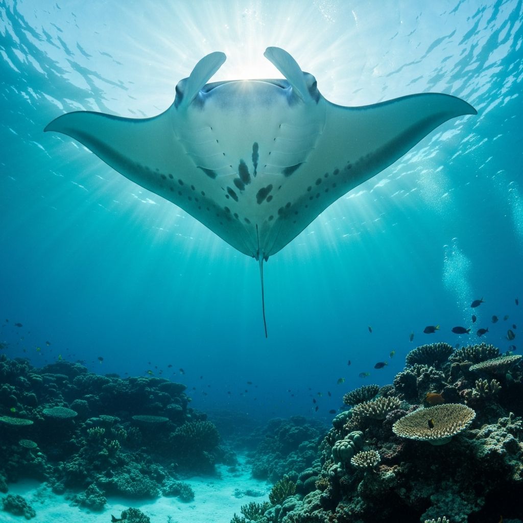 Majestic manta ray swimming underwater in Addu Atoll, Maldives